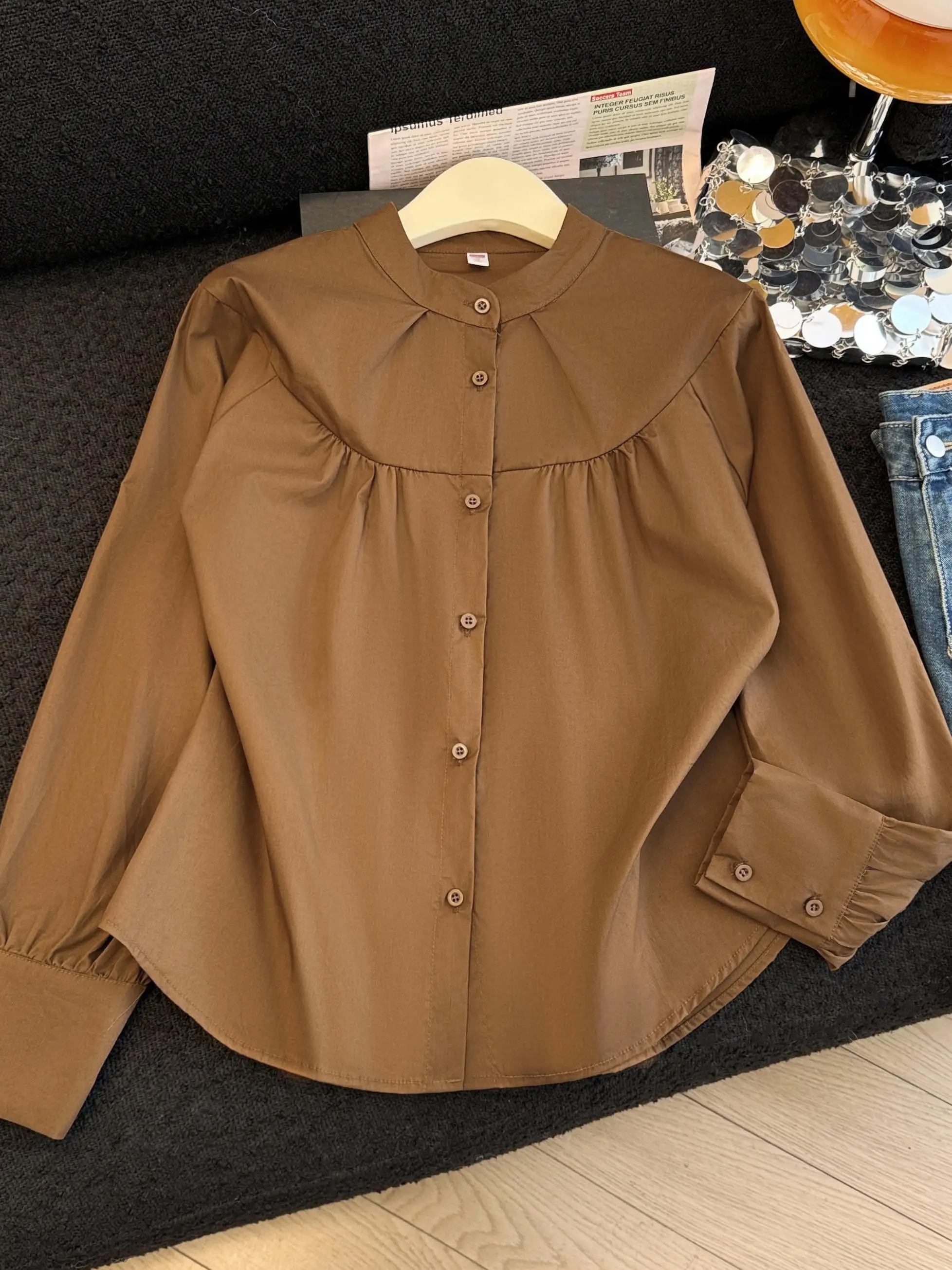 

Pure Cotton Long Sve irt Brown Folded Doll Design Spring 2026 Women's Comfortable Breathable Loose Fit Commute Sle