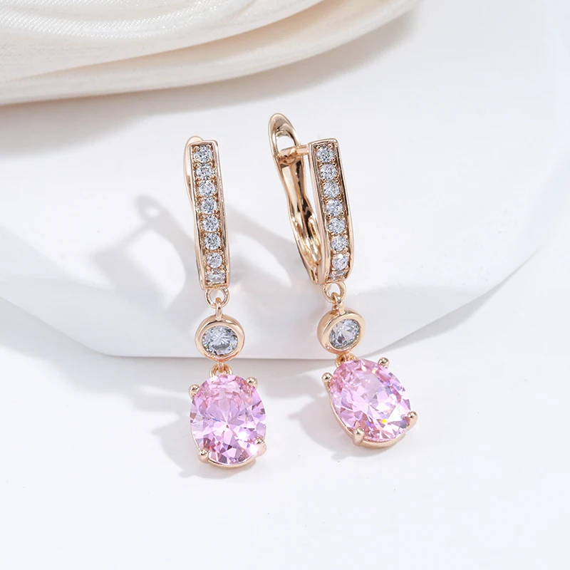 SYOUJYO Natural Pink Zircon Dangle Earrings For Women Luxury Bride Wedding Jewelry 585 Rose Gold Color Long English Earring