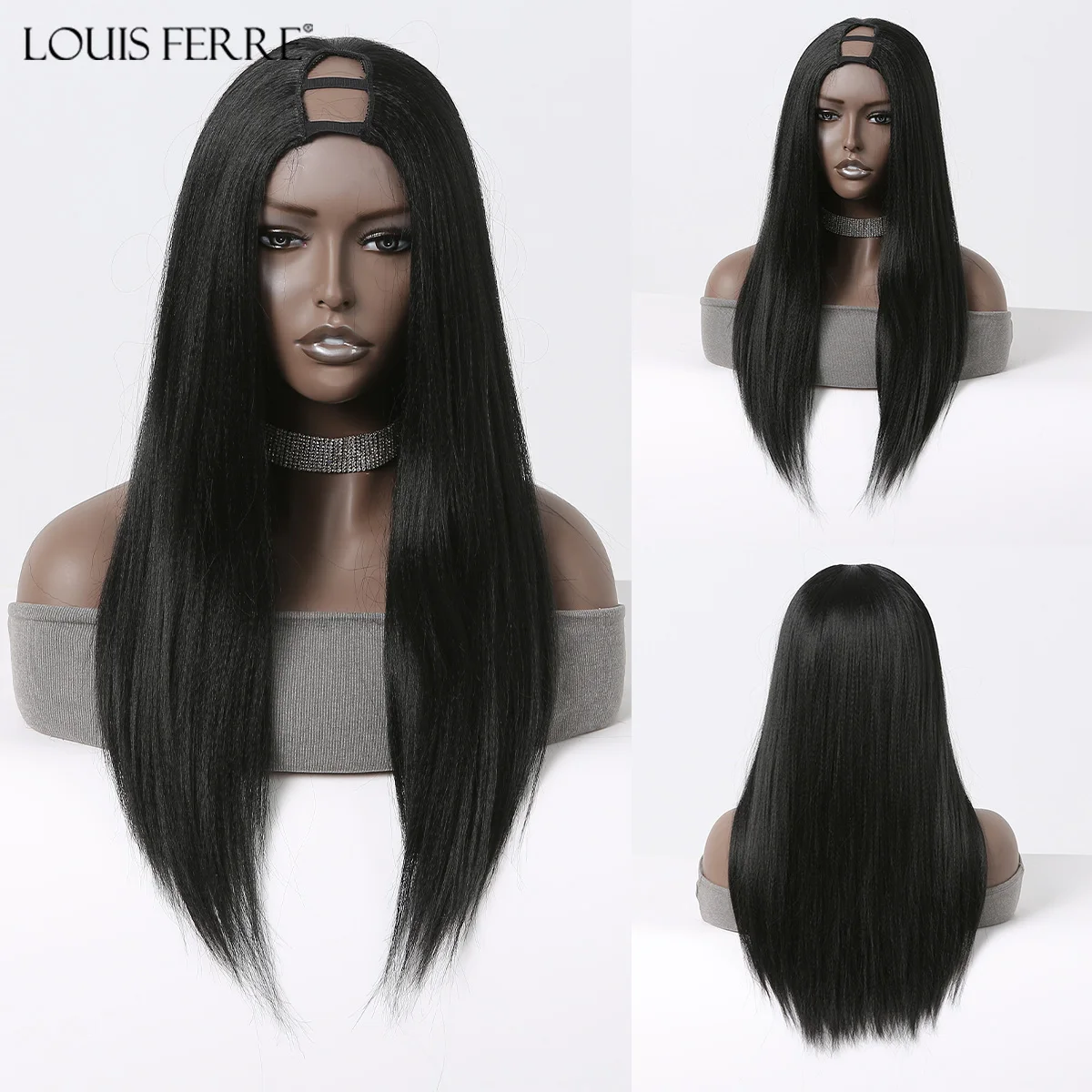 

LOUIS FERRE Long Straight Black Wigs for Women U Part Synthetic Hair Heat Resistant Toppers Hair Extensions Daily Cosplay Wigs