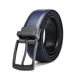 2025 Men Real Cowhide Belt 130cm Long Rotating Pin Buckle Business Casual All match Double sided Leather Luxury Navy Blue Style