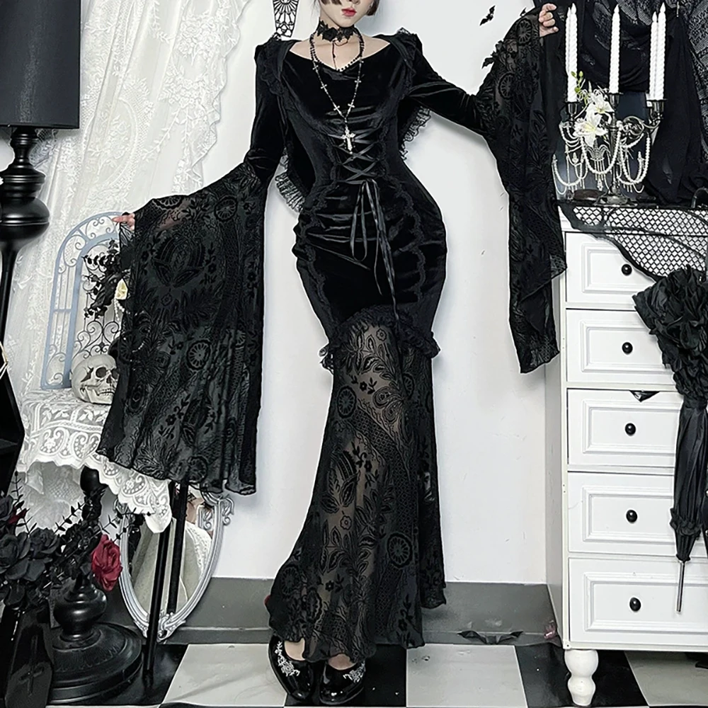 

Dark Style Cape Dress 2025 New Gothic Style Costume for Halloween with Flared Sleeves and Full Skirt Bodycon Dress