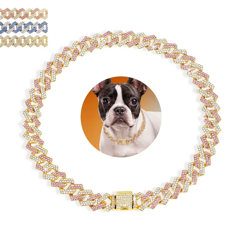 

Luxury Rhinestone Dog Necklace Collar Bling Crystal Dogs Chain Collars Strong Metal Pet Choke Collar For Small Medium Dogs