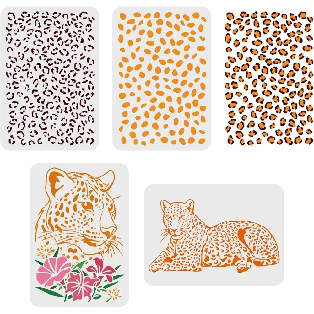 4 Pcs Cheetah Leopard Print Stencils A4 Size 11.7x8.3 inch Flower Panther Pattern Stencil Reusable DIY Animal Template Decor