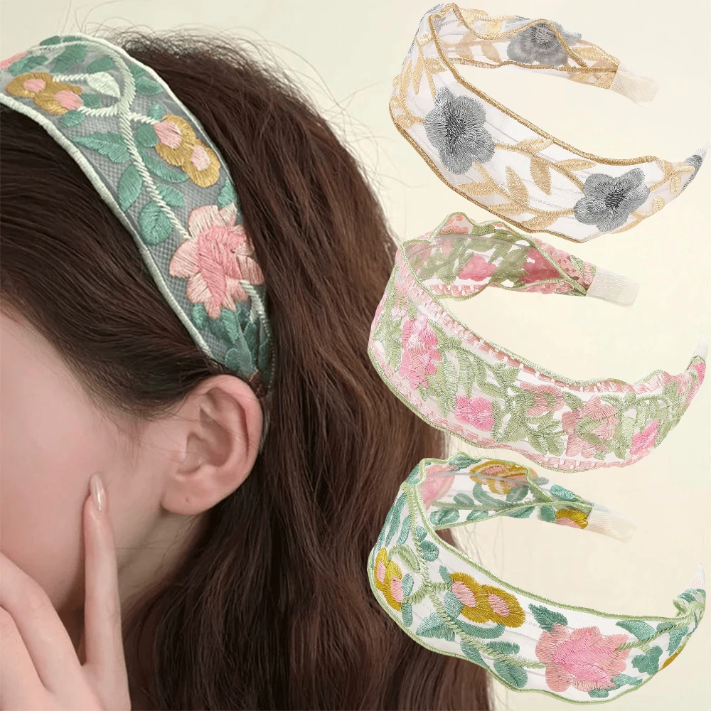 Elegancka szyfonowa haftowana kwiatowa opaska do włosów dla kobiet słodkie włosy udekoruj opaską do włosów opaska do włosów Turban modne akcesoria do włosów