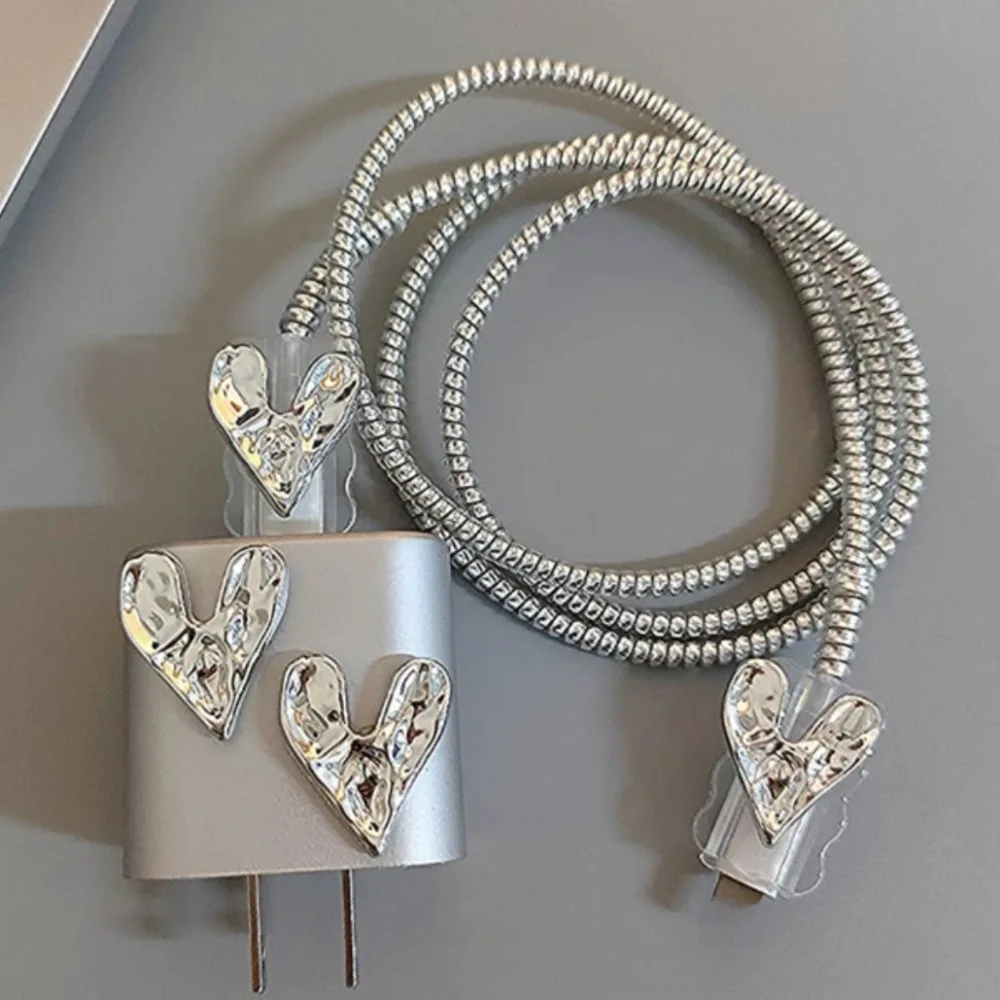 Cute 3D Silver Love Heart Wave Border USB Cable Protector Cover For iPhone 18W/20W Data Line Bite Head Cord Fast Charging Case