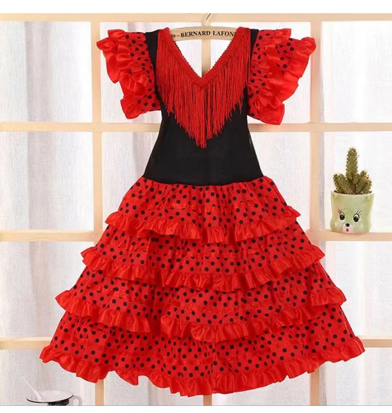 Kids Girls Spanish Flamenco Dance Costume Red Polka Dot Ruffle Long Dress Performance Outfit for Carnival Birthday Party - view 5