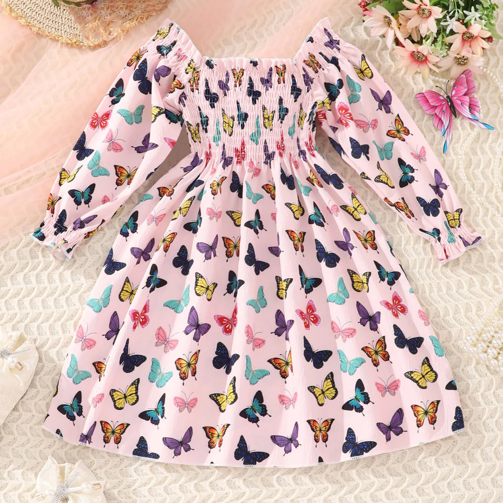 2024 Spring and Autumn New Dress Long Sleeved Round Neck Flower Printed Girls Clothing Cotton Comfortable Party Princess Dresses