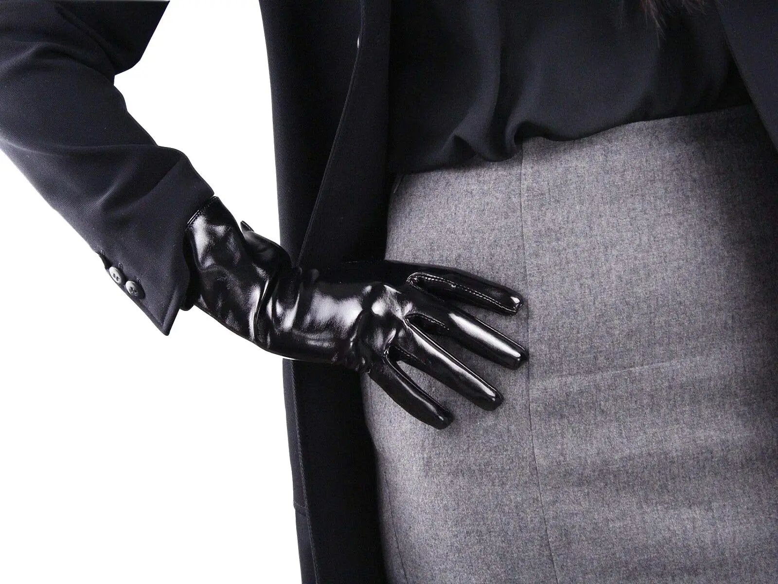 DooWay Black Latex Gloves Faux Leather Sheepskin Oil Glossy Shiny Wet Look 28cm Wrist Long Winter Warm Driving Club Party Gloves