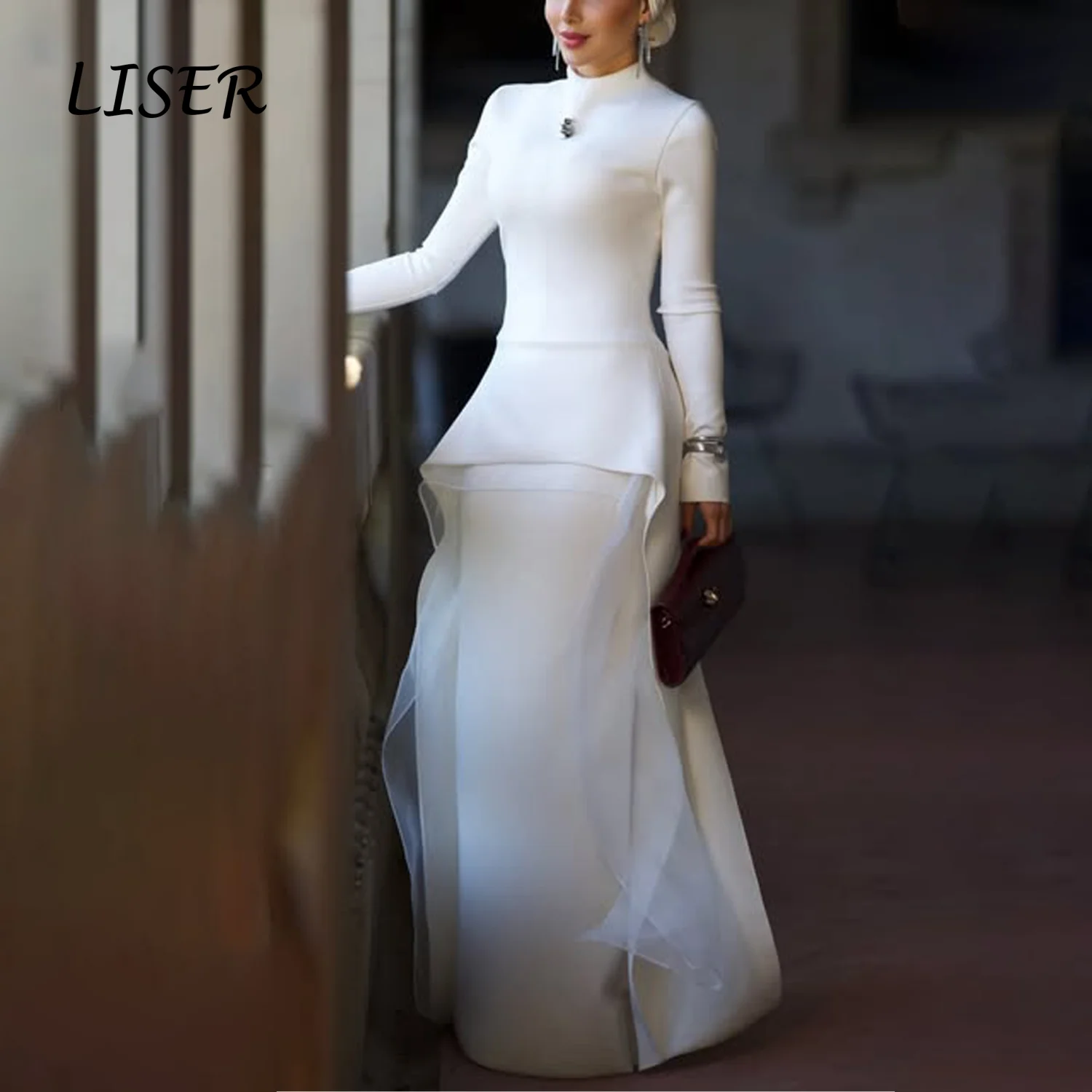 Liser Customize White High Neck Long Sleeve Modest Mermaid Dress Irregular Tulle Layer Slim Waist Elegant Islamic Evening Gown