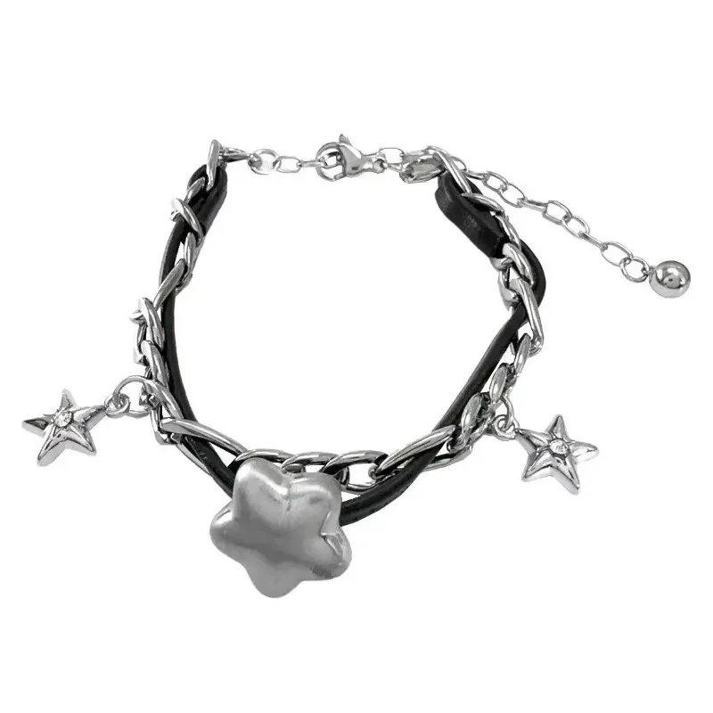 Y2K estilo Punk chica caliente personalidad dulce y fresco encanto de moda plata estrella gorda cuero collar de acero inoxidable cadena de clavícula