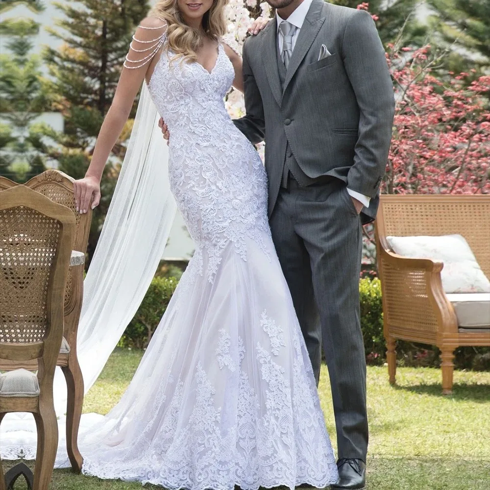 

Luxury Mermaid Wedding Dresses V Neck Lace Appliques Beading Bridal Gowns Customized Formal Party Sweep Train Robe De Marriage