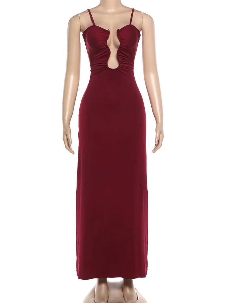 Nibber Metal Decoration Maxi Dress Women u-Neck Folds Backless Sleeveless Solid Elegant Prom Party Fashion Summer Chic Vestidos