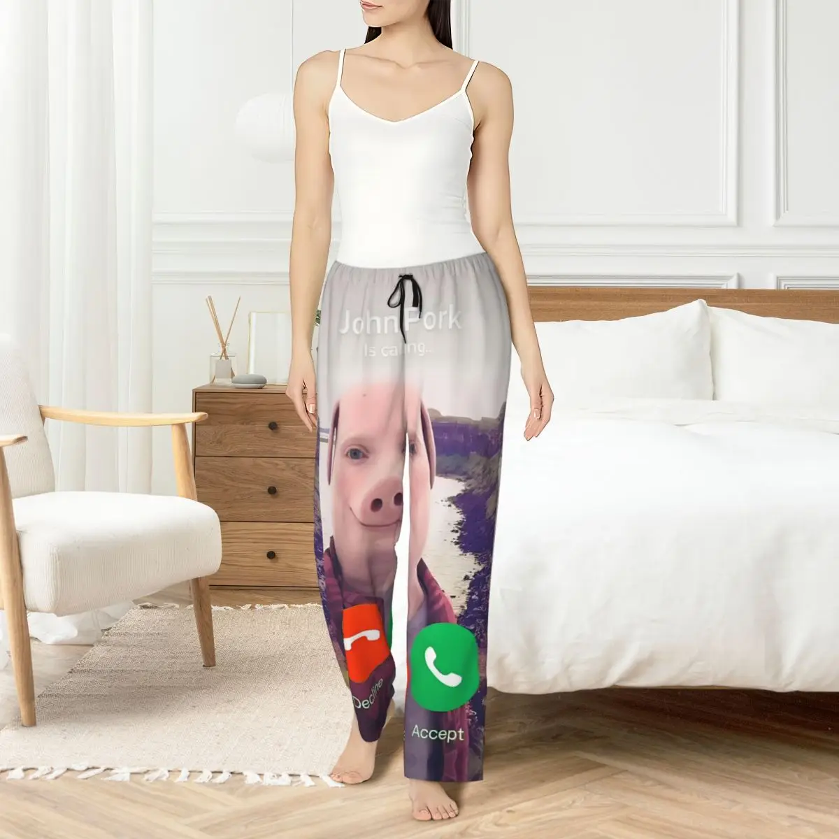 

Custom John Pork Is Calling Pajama Pants Women Funny Pig Sleepwear Lounge Sleep Bottoms Stretch with Pockets
