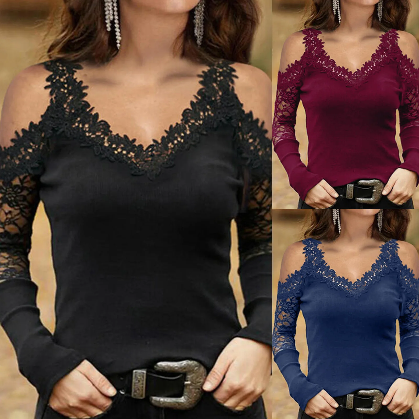 

Zagros Women Lace Patchwork Blouse, Sexy Cold Off Shoulder Slim Long Sleeve V Neck Elegant Plus Size Shirt Top