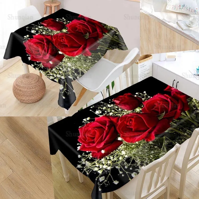 Rose Tablecloth Printed Rectangular Restaurant Waterproof and Oilproof Tablecloth Square Wedding Party Decoration Tablecloth