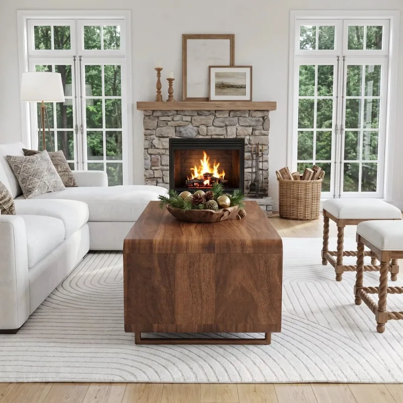 Rectangle two-story wooden coffee table open storage rack modern simplicity