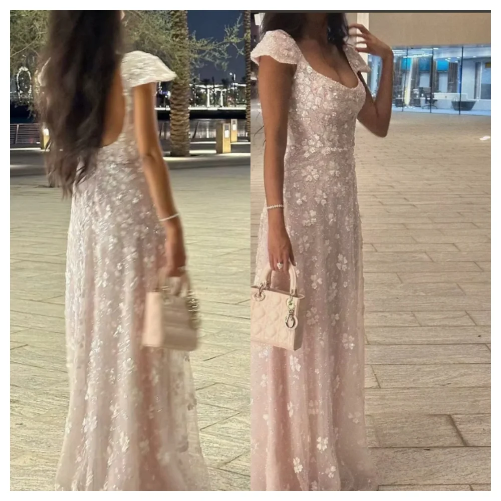 

Customized Elegant Tulle Prom Dress Modern Square Collar Short Sleeves Wedding Dress Temperament Straight Vestido De