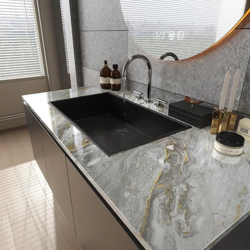 ورق اتصال مقاوم للماء قابل للتقشير واللصق بنمط رخامي باللون الرمادي والذهبي لأسطح المطبخ والحمام، مقاس 160 × 36 بوصة #3