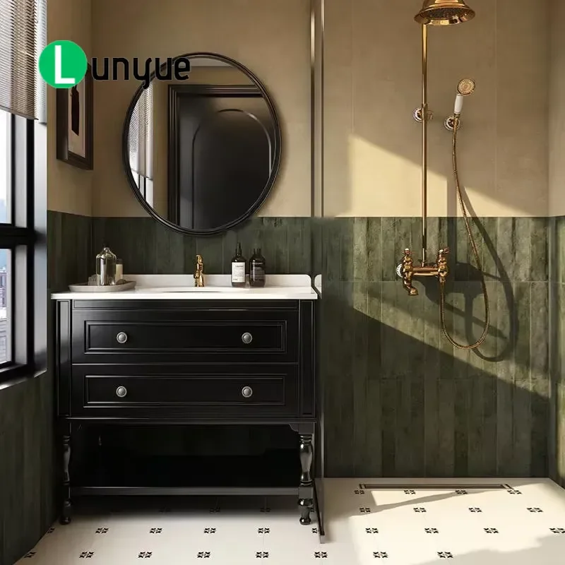 Floor Standing French Retro Black Rock Stone Effect Cabinet Sink Modern Bathroom Vanity Customized Furniture for Home Decor
