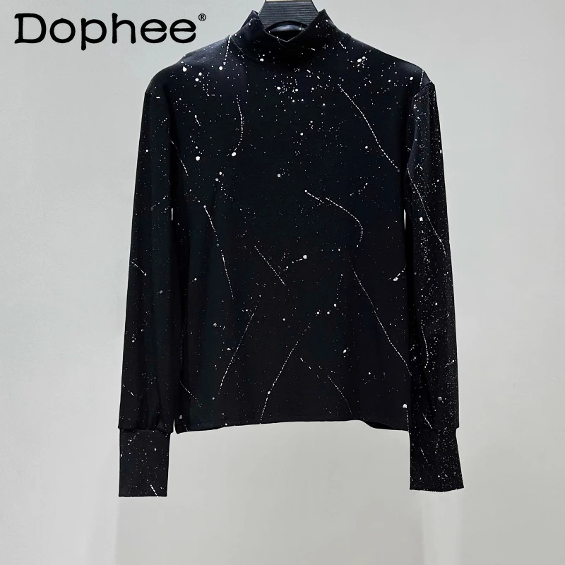 

Men's 2025 Autumn New Splashed Ink Starry Sky High Collar T-Shirts Men's Fashion Versatile Tees Male Handsome Trendy Cotton Tops