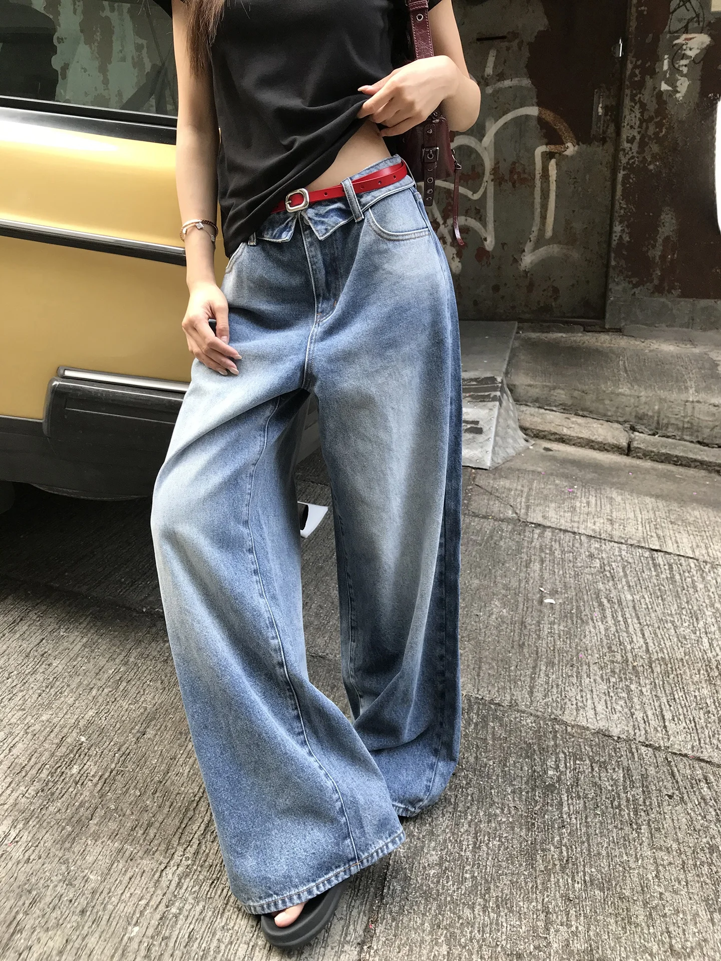 

Синие прямые джинсы с высокой талией, женские свободные удобные хлопковые брюки, весенняя мода, стиль для повседневной носки, однотонные, для ежедневной носки