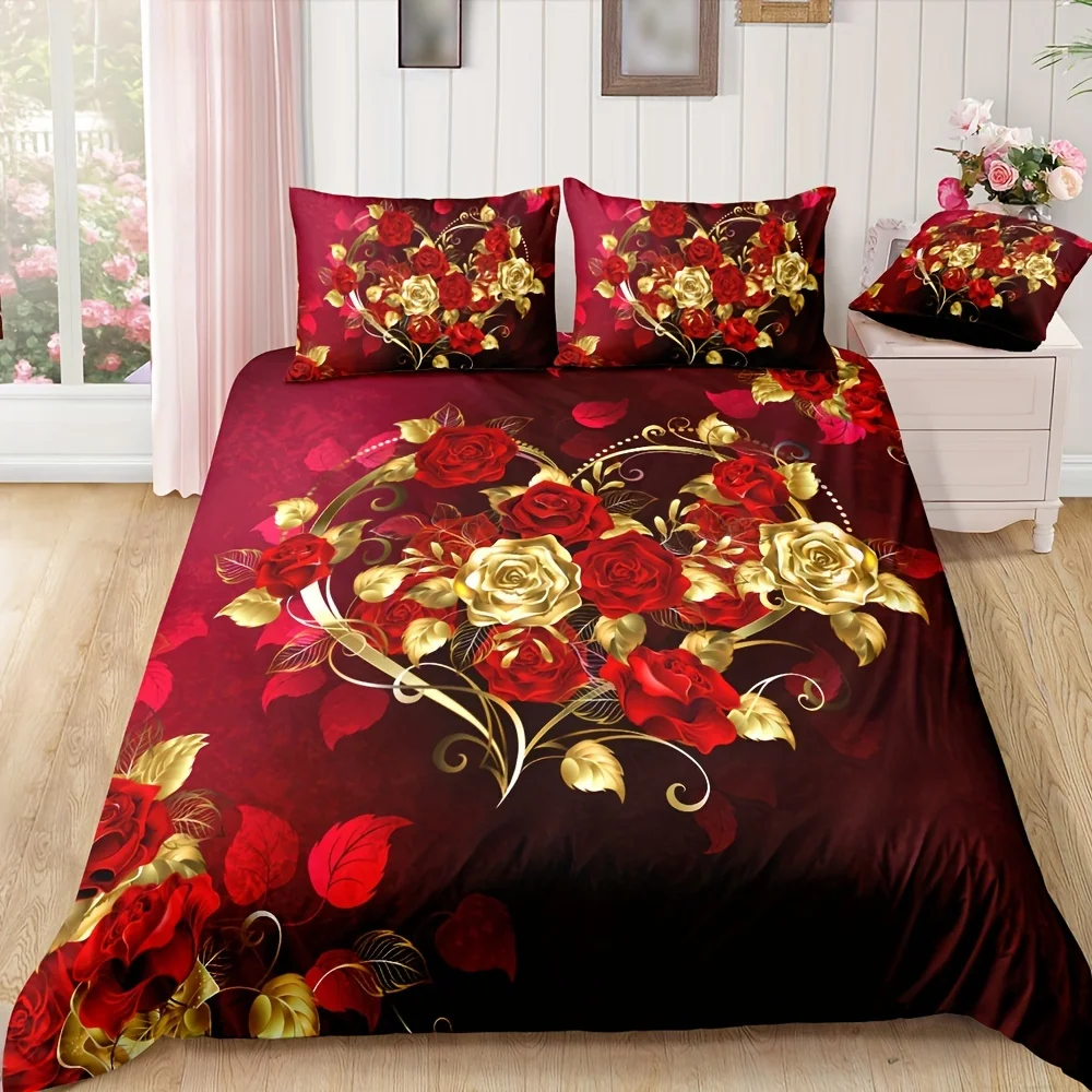 

Luxury Classic Duvet Cover Set Love Rose Print Bedding Set Soft Comfortable Duvet Cover For Bedroom