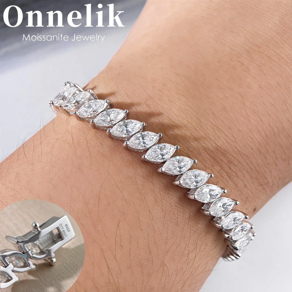 

Onnelik 4x8mm Marquise Cut Moissanite Tennis Bracelet 100% S925 Sterling Silver Sparkling Lab Diamond Hand Chain Gift for Women