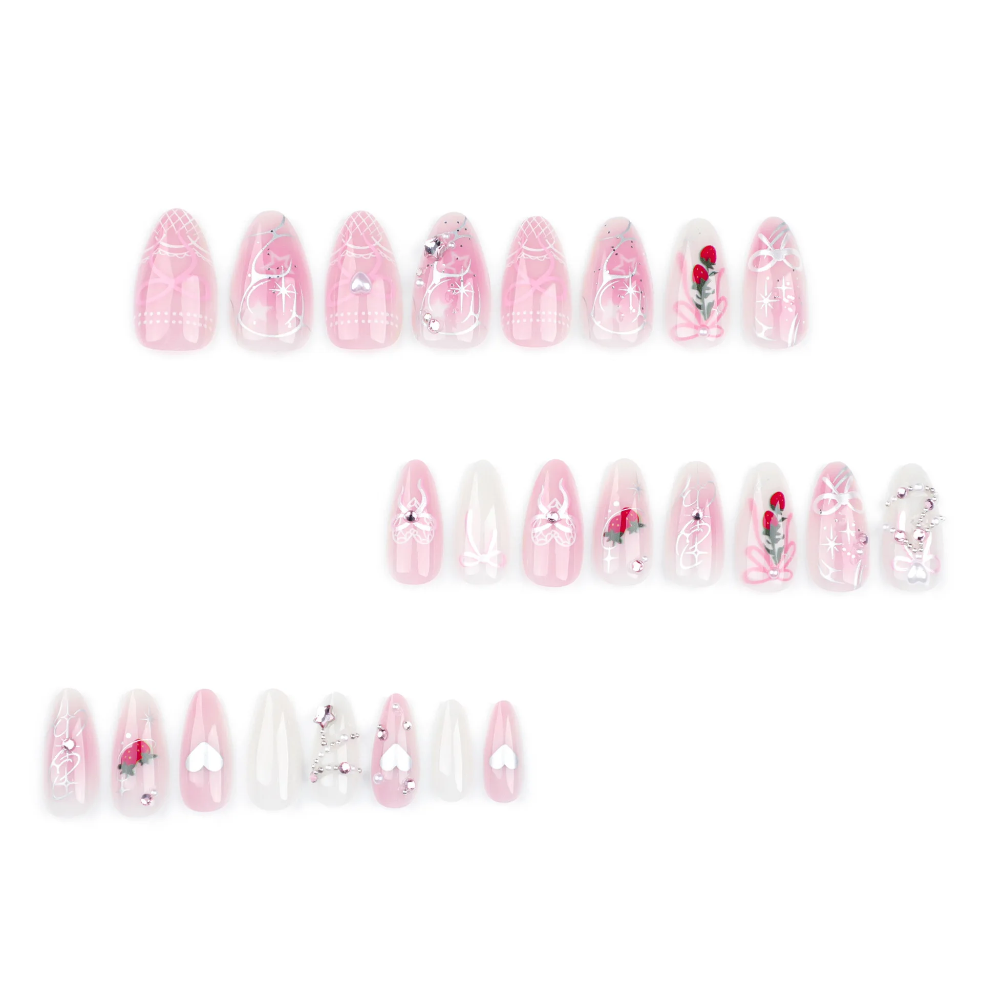 Uñas postizas de estilo coreano, 24 piezas, estampado de Bowknots en las uñas, rubor rosa, fresa Flash, diseños de diamantes, parches para uñas postizas dulces