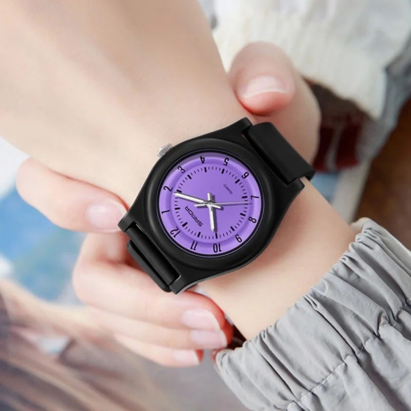 SANDA 6219 Quartz Student Watch Simple Fashion Black Purple Pink Analog Display Silicone Strap Wristwatch for Boy and Girl