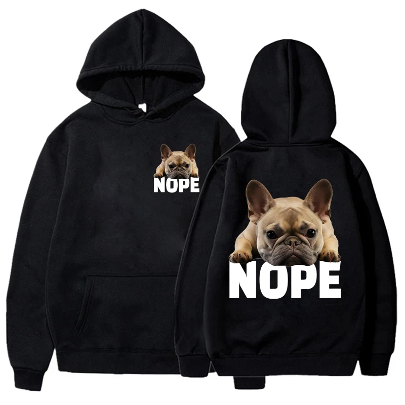 Casual Women\'s Hoodies French Bulldog Nope Print Women Hoodie Stylish Hooded Sweatshirt Long Sleeve Top Black Women Hoodie Tops