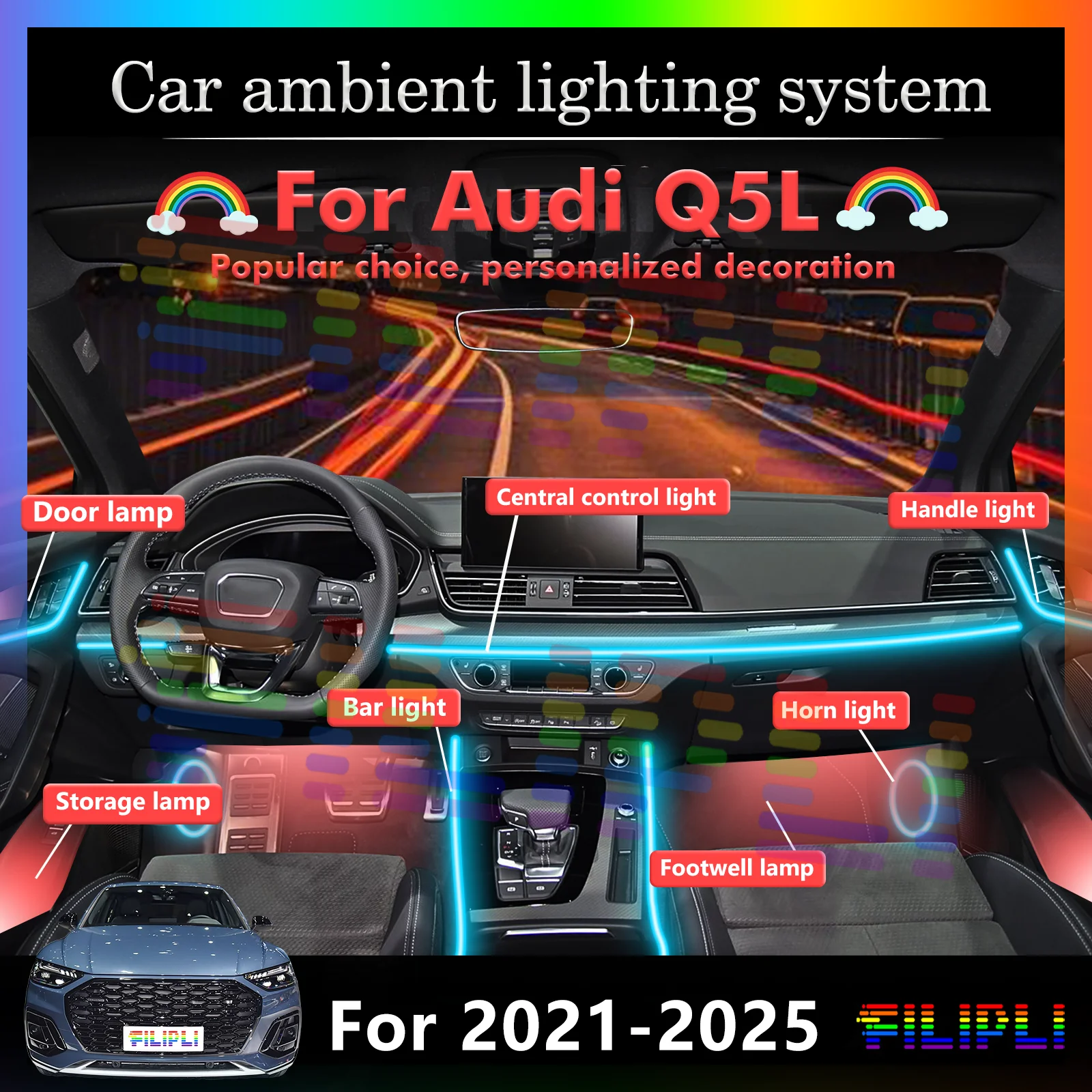 

For Audi Q5L Car Interior LED Multi-color Ambient Lamp, Smart Control Decorative Light