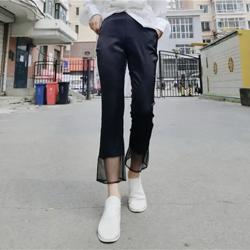 Women Thin Mesh Spliced 7/8 Flare Pants Slim Fit Versatile Fashion Summer Autumn Trousers