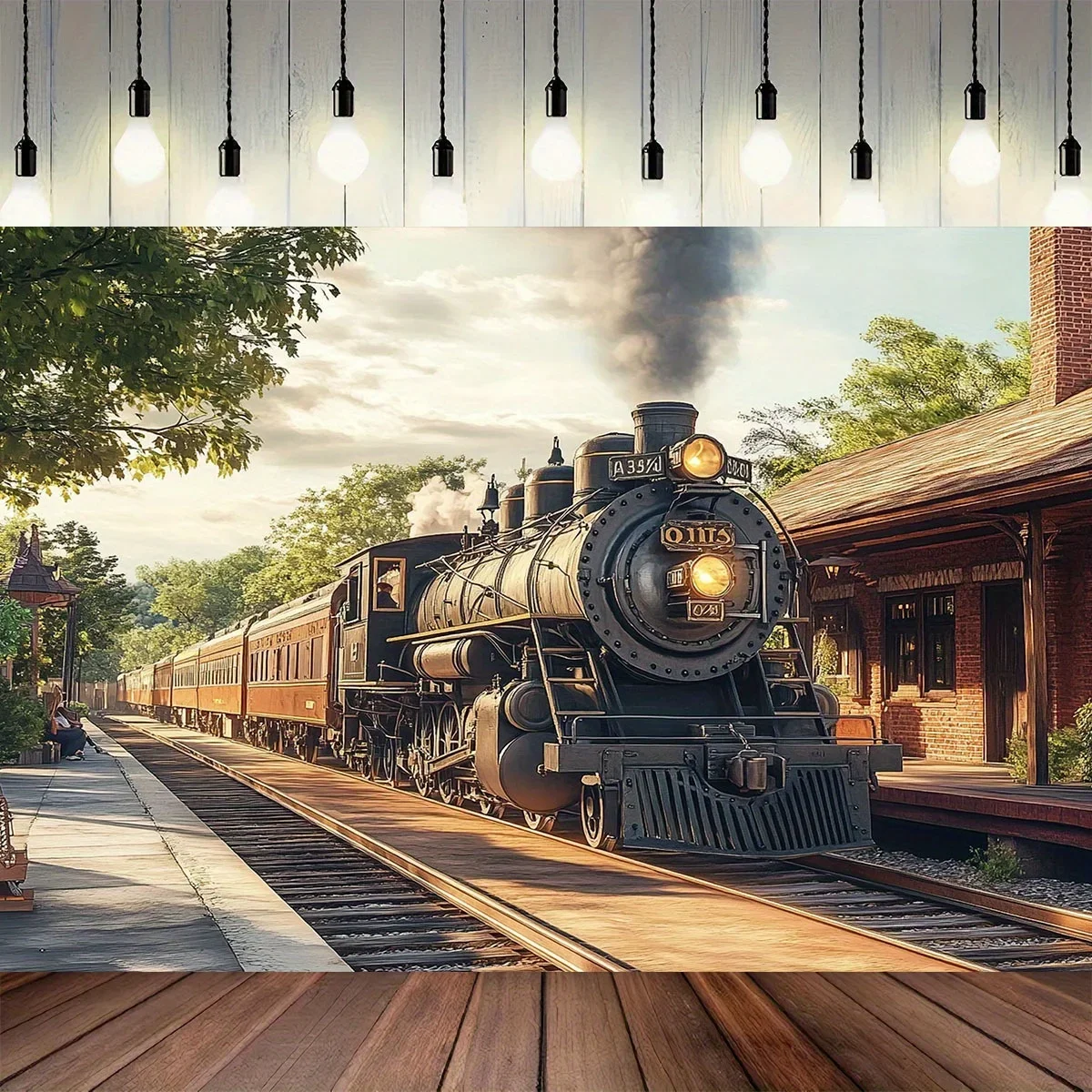 1pc Vintage Train Station Backdrop with Q9 Steam Engine, Realistic RailwayDJH
