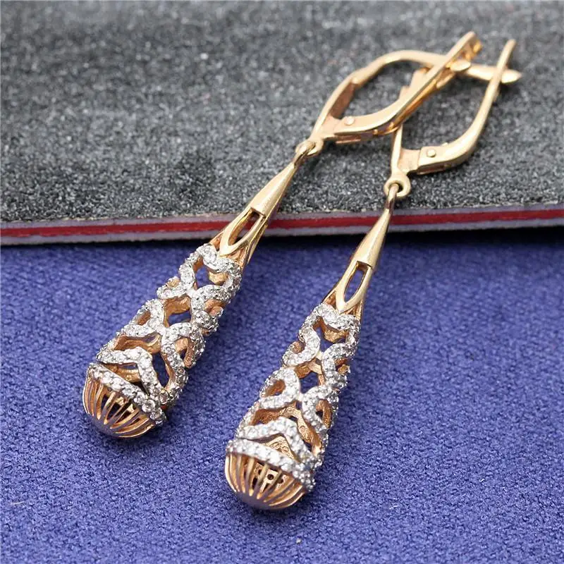 585 Purple Plated 14K Rose Gold Elegant Earrings for Women Classic Vintage Water Droplet Hollow Out Long Earings Jewelry