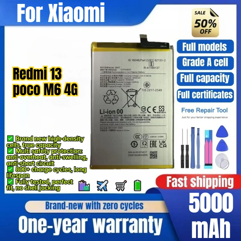 BN5T for Xiaomi Redmi 13/poco M6 4G Phone Battery 0 Cycle High Quality High Capacity Replacement Bateria Grade A Cell with Tools