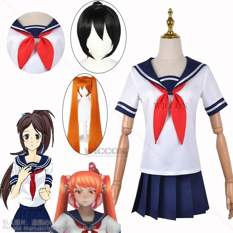 Yandere Simulator Ayano Aishi Stroje Cosplay Gra Anime Dziewczyny Mundurek JK Osana Najimi T-shirt ze Spódnicą Czarne Peruki Zestaw Party6