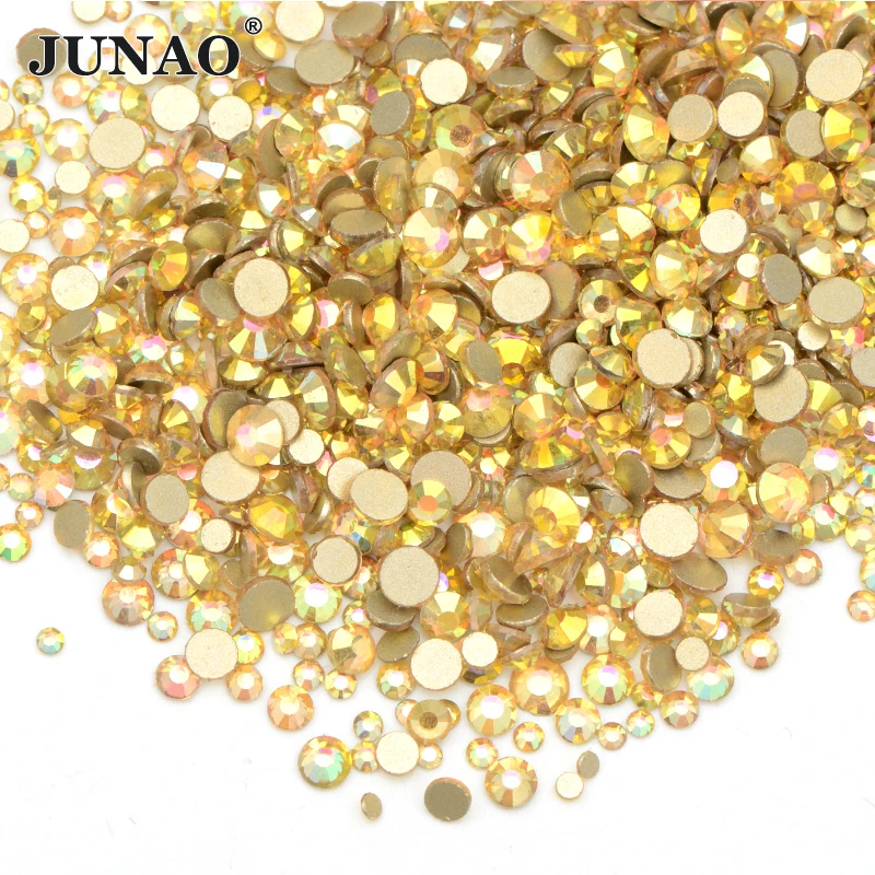 JUNAO 1440Pcs Gold Sunlight Mix Size SS3-SS12 Flatback Glass Rhinestones Non Hotfix Crystal Round Nail Art Strass For DIY Crafts