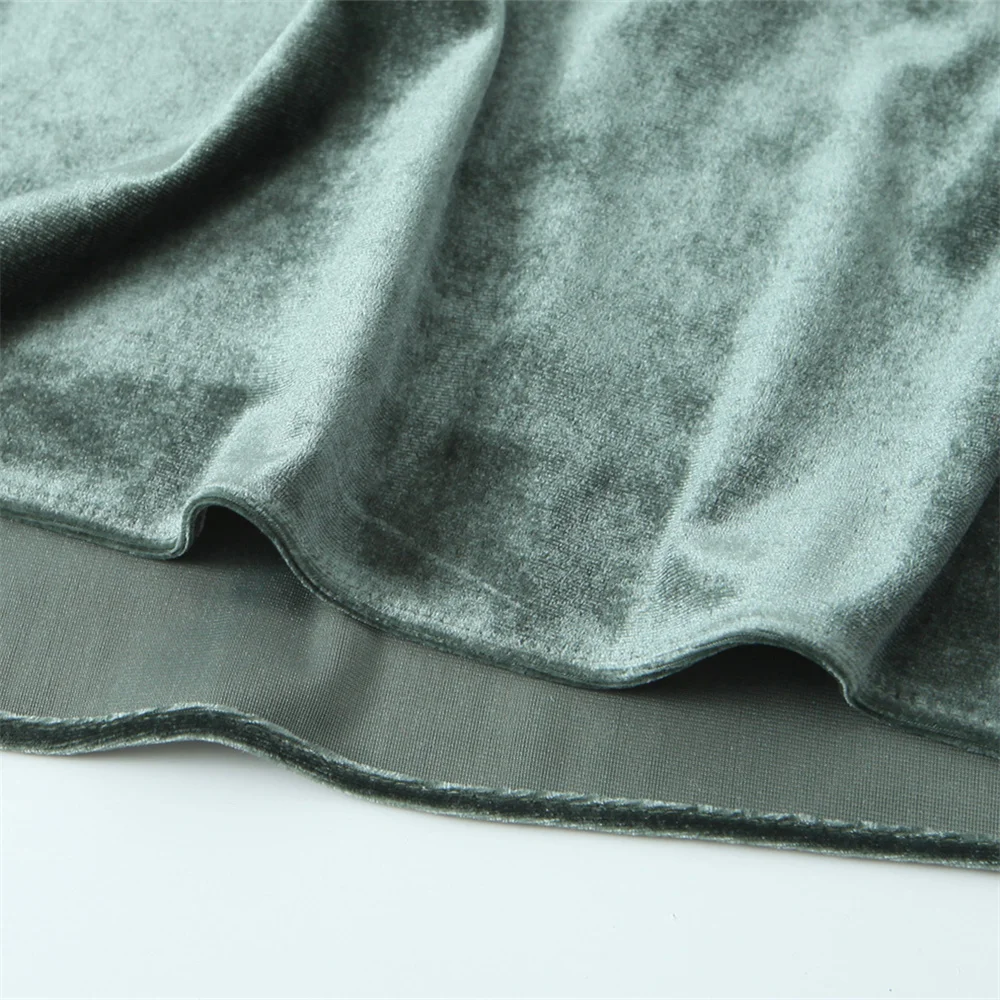 الحد الأدنى الخامس الرقبة مطوي تصميم المخملية قصيرة الأكمام تنورة طويلة الناي جديد بلون فستان سليم صالح