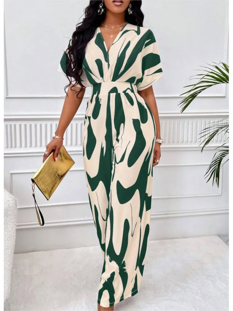 Fashion Wide Leg Jumpsuit Woman 2024 Summer Elegant Short Sleeved High Waist V-neck Full Body Printed Bat Sleeve Jump Suits