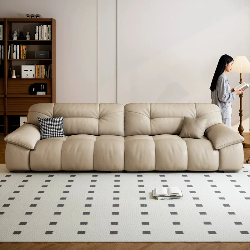 Italian Minimalist Top-Grain Leather Sofa Modern Cloud Design Deep-Seat Straight Couch With USB Charging For Small Living Rooms