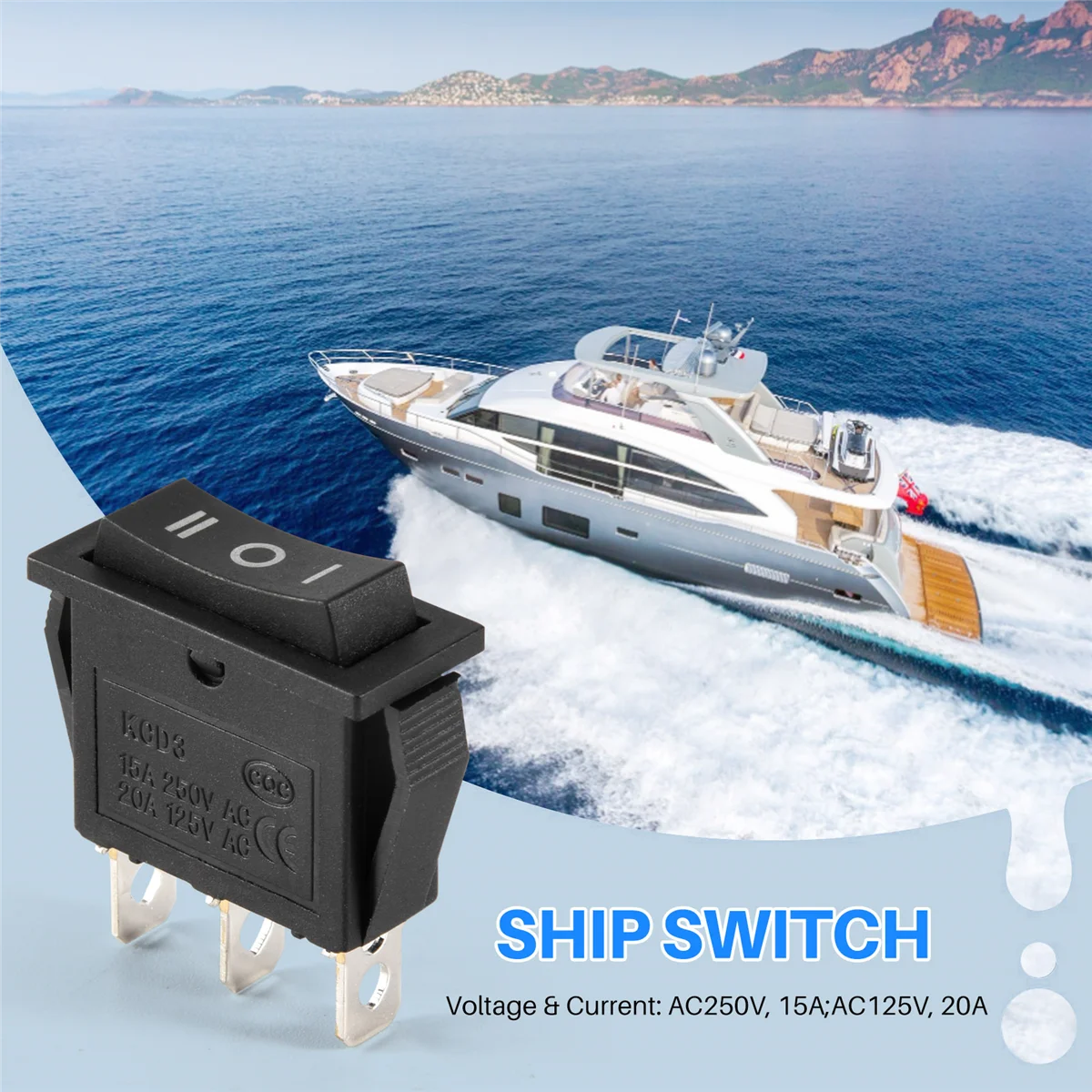 ABQR AC15A/250V 20A/125V 3 Pin SPDT ON-OFF-ON 3 Position Snap Rocker Switch