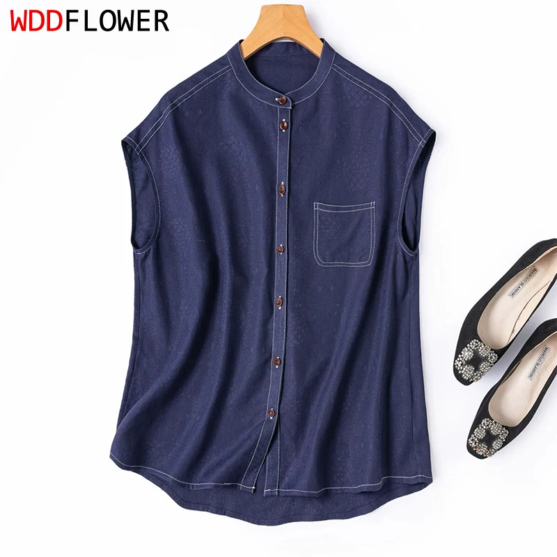 80% Mulberry Silk 20% Cotton Spun Silk Denim Blue Color Cap Sleeve Buttons Down Women Top Shirt Blouse T-shirt Summer M1698