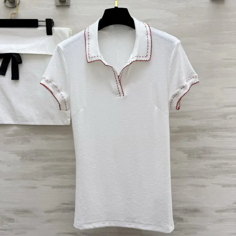 White Slim-Fit Short Sleeve Top with Contrast Lace Neckline