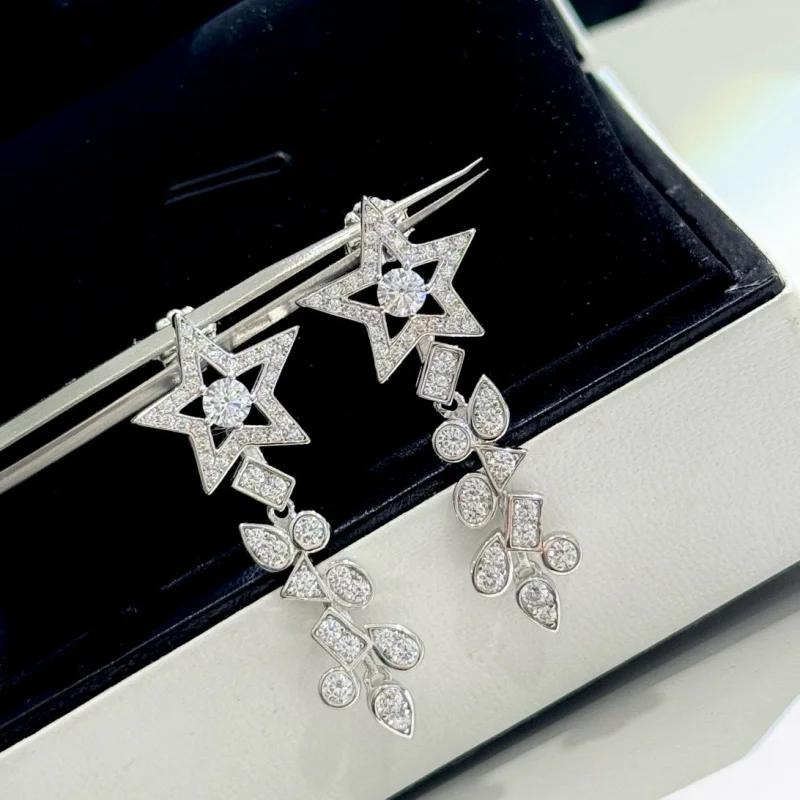 S925Silver Star Tassel Exquisite High Sense Full Diamond High Carbon Diamond Bright Pentagram Stud Earrings Star Earring with Sa