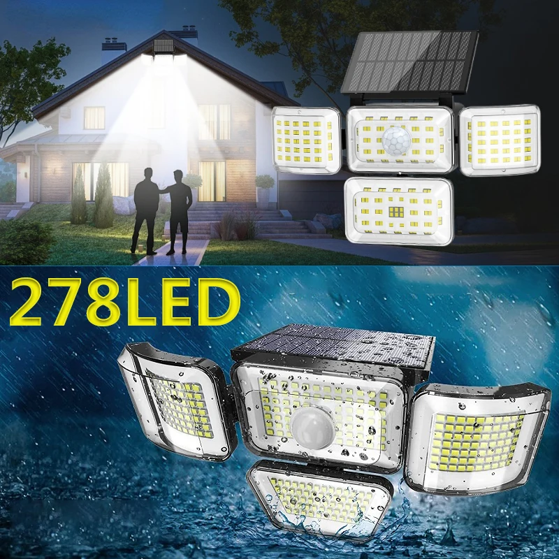 278 LED Solar Lamps Outdoor 4 Heads Adjustable Flood Light PIR Motion Sensor Wall Lamp Garden Yard Pathway Garage Street Lights