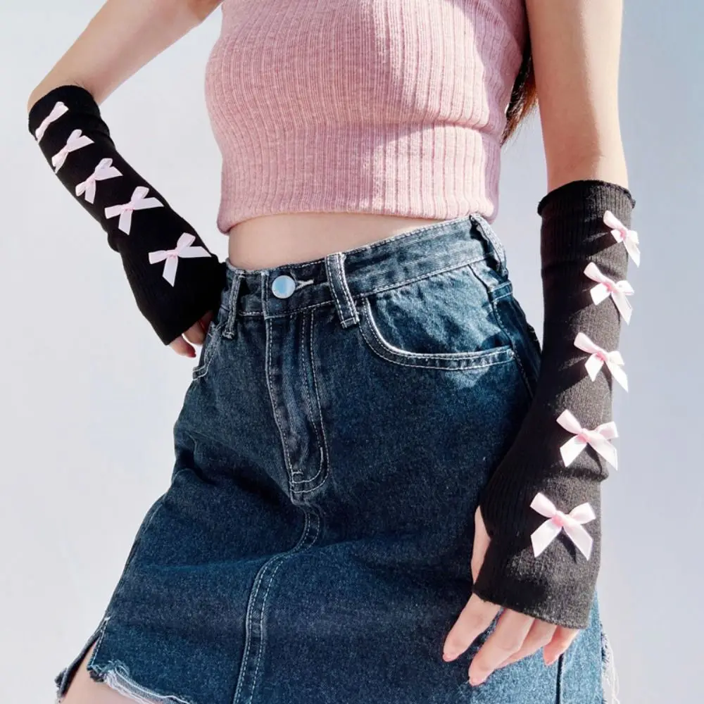 

Arm Cover Elastic Y2K Warm Sleeves Ballet Style Lolita Cosplay Bow Knitted Gloves Sweet Korean Style Fingerless Arm Warmers JK