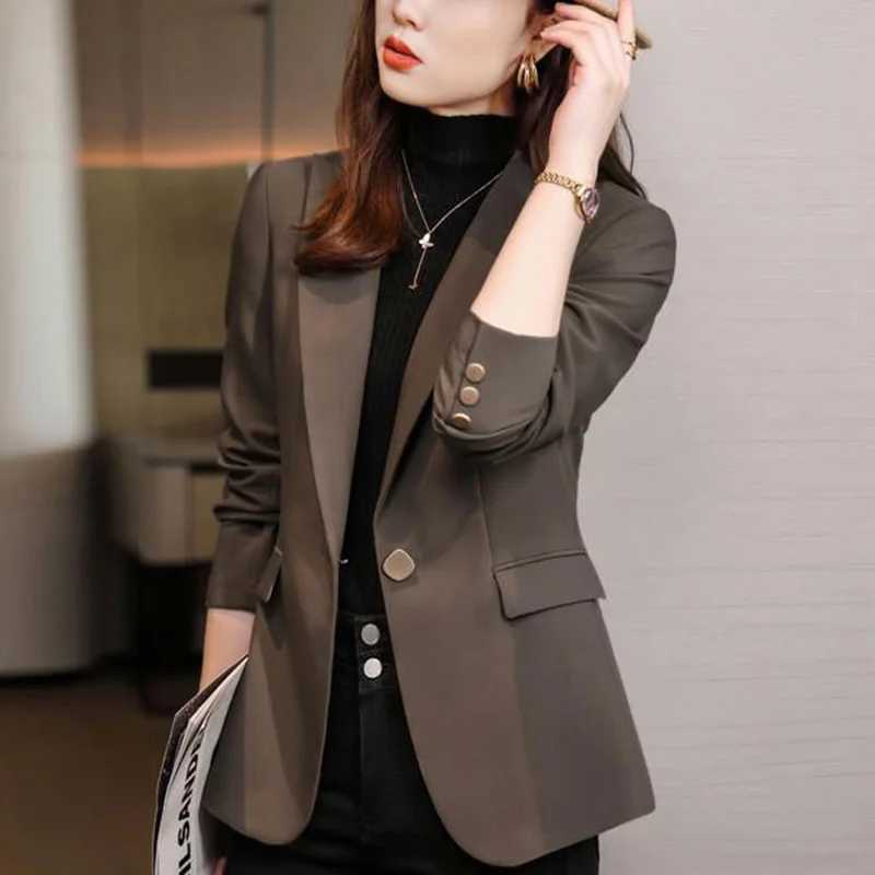 Elegant Lapel Pockets Solid Color Casual Blazer Women\'s Clothing 2023 Autumn New Casual Tops Loose Office Lady Blazers