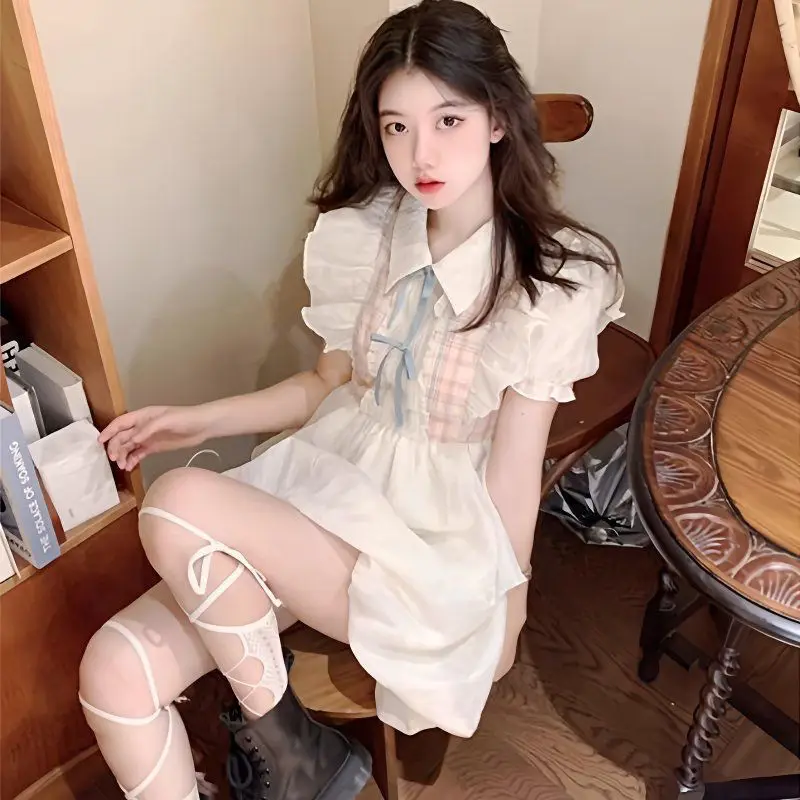 

Japan Women Clothing Summer Floral Lace Up High Waist Party Dresses Vintage Sweet Kawaii Fairy Short Sleeve Slim Mini Dress