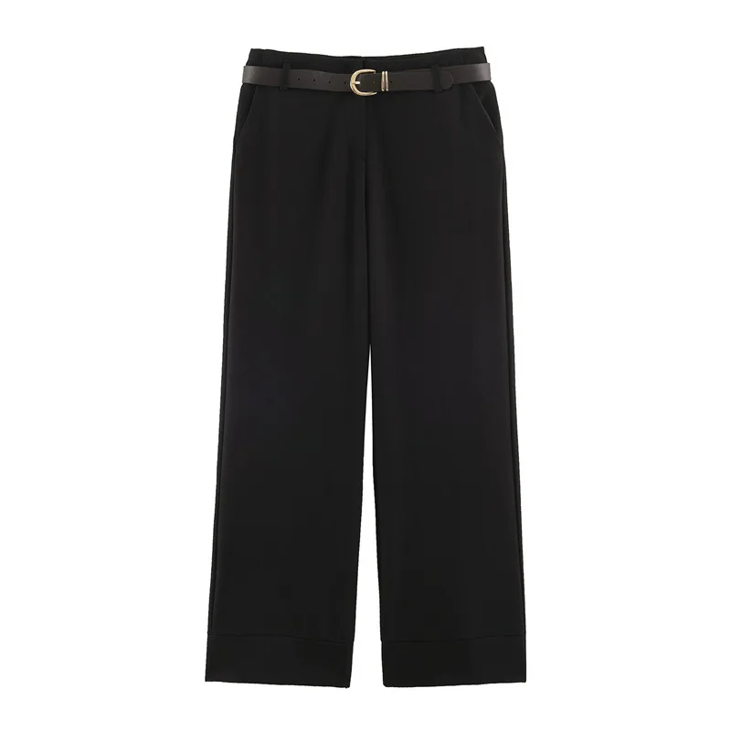 Nine Zar Women's Casual Wide Leg Pants with Belted Cuffed Legs Comfortable Leisure Trousers Ladies Fashion Spring 2024