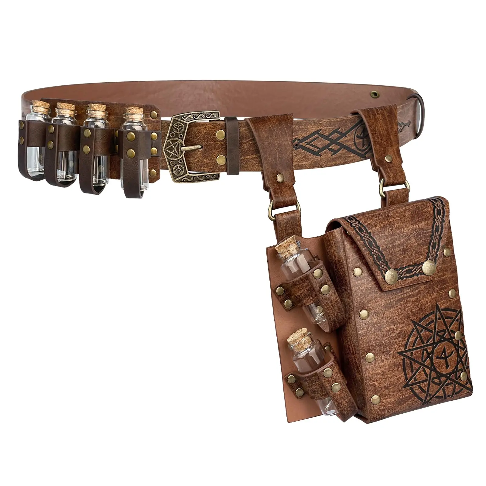 3pcs Medieval PU Belt and 4 Cork Small Bottle Sets, 2 Cork Small Bottle Sets, Fantasy Wizard Medicine Bottle Belt, Embossed Alch